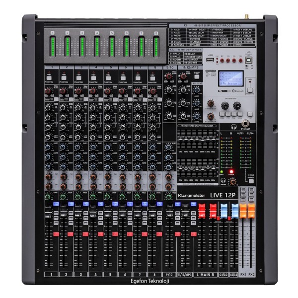 Klangmeister LIVE 12P-2X Model Profesyonel Sahne Power Mikser USB / Bluetooth